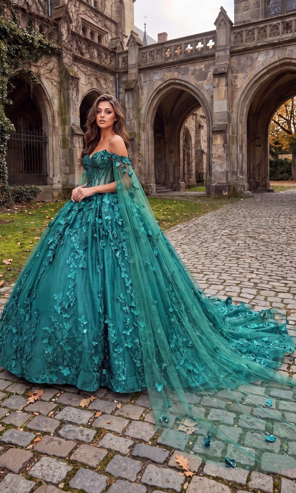 A woman in the Fuchsia Quinceanera Dress 1960 by Dancing Queen, featuring an off-shoulder design with floral details and elegant sashes, stands on cobblestone near a stone building with arches.